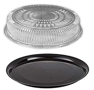 12" black round flat disposable catering party tray food platter +clear dome lid (pack of 10)