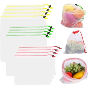 mekbok 12 pcs reusable mesh produce bags, eco-friendly -3 size lightweight washable see through mesh shopping merchandise bags with drawstring, toggle tare weight color tag (4 large 4 medium &4 small)