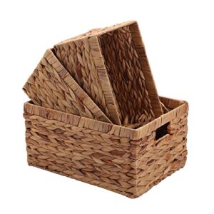 Storage Baskets,Woven Natural Water hyacinth Box with Handle,Kingwillow.(Set of 3)