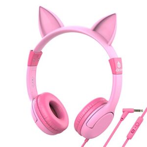 iclever hs01 kids headphones with mic, food grade safe volume limited 85/94db, cat ear headphones for kids girls boys, wired children headphones for online learning/school/travel/tablet (pink)