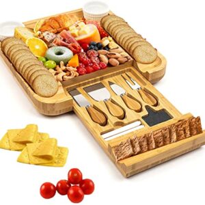 Bamboo Cheese Board & Cutlery Set - Large Charcuterie Board Set Cheese Platter with Slide-Out Drawer - House Warming Gifts New Home, Anniversary Wedding Gifts for Couples, & Cool Bridal Shower Gifts