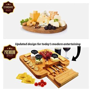 Bamboo Cheese Board & Cutlery Set - Large Charcuterie Board Set Cheese Platter with Slide-Out Drawer - House Warming Gifts New Home, Anniversary Wedding Gifts for Couples, & Cool Bridal Shower Gifts