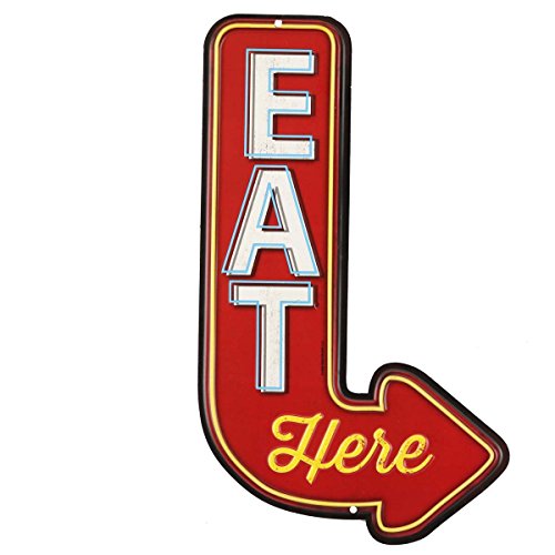 Open Road Brands Eat Here Arrow Embossed Metal Sign - Vintage Diner Sign for Kitchen or Man Cave