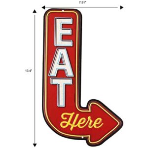 Open Road Brands Eat Here Arrow Embossed Metal Sign - Vintage Diner Sign for Kitchen or Man Cave