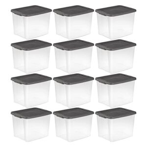 sterilite shelftotes 50 quart clear latched stacking plastic storage container with gray lid for garage or basement, (12 pack)