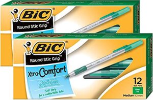 bic round stic grip xtra comfort ball pen medium pt 1.2mm green 2dozen gsmg11gn