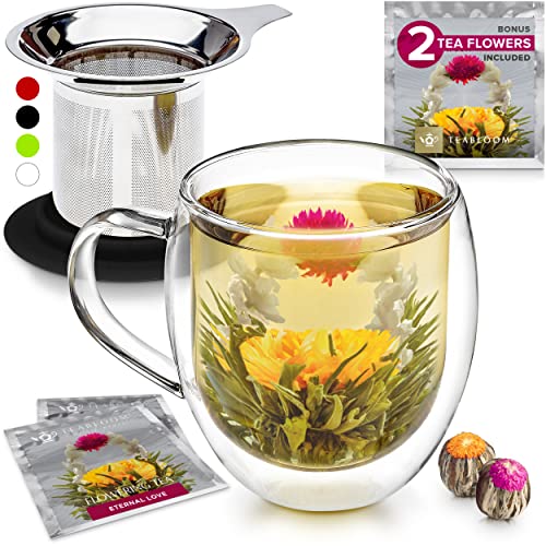 Teabloom Double-Wall Borosilicate Glass Mug with Stainless Steel Infuser and Lid – 15 OZ / 430 ML – 2 Gourmet Tea Flowers Included