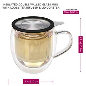 Teabloom Double-Wall Borosilicate Glass Mug with Stainless Steel Infuser and Lid – 15 OZ / 430 ML – 2 Gourmet Tea Flowers Included