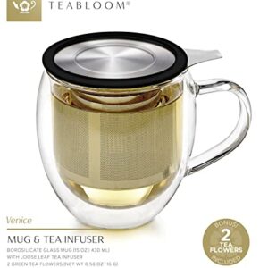 Teabloom Double-Wall Borosilicate Glass Mug with Stainless Steel Infuser and Lid – 15 OZ / 430 ML – 2 Gourmet Tea Flowers Included