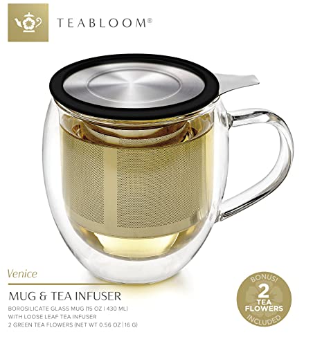 Teabloom Double-Wall Borosilicate Glass Mug with Stainless Steel Infuser and Lid – 15 OZ / 430 ML – 2 Gourmet Tea Flowers Included