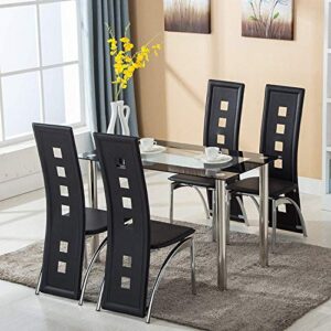 mecor dining room table set, 5 piece glass kitchen table and leather chairs kitchen furniture(black)