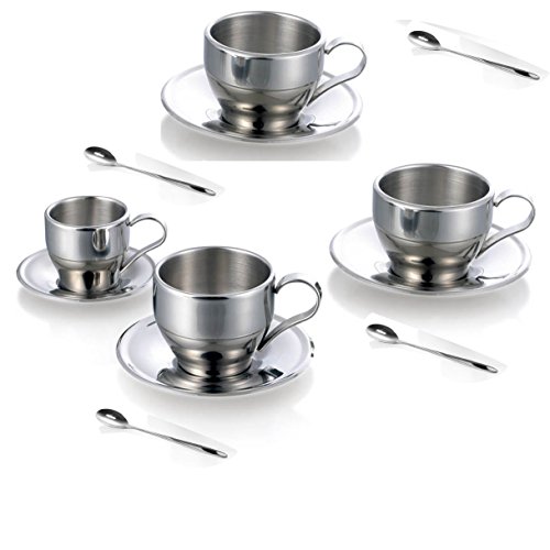 Jasni Stainless Steel Coffee Cup Coffee Mugs Espresso Cups and Great Cappuccino Cups with Spoon and Saucer Gift Idea for Coffee and Tea Lovers (4)