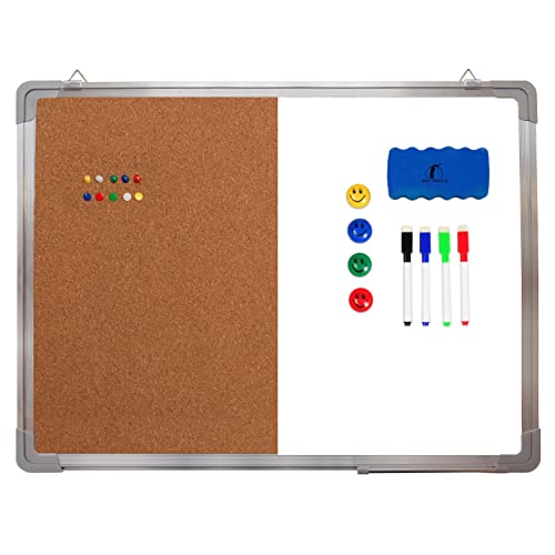 Combination Whiteboard Bulletin Board Set - 24 x 18" Dry Erase/Cork Board with 1 Magnetic Dry Eraser, 4 Markers, 4 Magnets and 10 Thumb Tacks - Small Combo Tack White Board for Home Office Desk