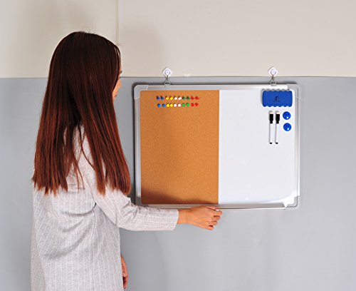 Combination Whiteboard Bulletin Board Set - 24 x 18" Dry Erase/Cork Board with 1 Magnetic Dry Eraser, 4 Markers, 4 Magnets and 10 Thumb Tacks - Small Combo Tack White Board for Home Office Desk