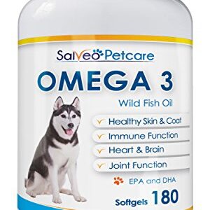 Omega 3 Fish Oil for Dogs - Natural Pet Supplement for Shiny Coat - Wild Caught More EPA & DHA Than Salmon Oil - 180 Capsules No Fishy Smell or Mess - Ideal for Medium Large Dogs