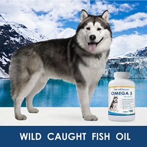 Omega 3 Fish Oil for Dogs - Natural Pet Supplement for Shiny Coat - Wild Caught More EPA & DHA Than Salmon Oil - 180 Capsules No Fishy Smell or Mess - Ideal for Medium Large Dogs