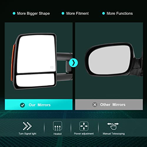 SCITOO fit for Toyota Towing Mirrors Black Rear View Mirrors fit 2007-2016 for Toyota for Tundra Truck with Larger Glass Power Control, Heated Turn Signal Manual Extending and Folding