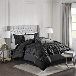 Madison Park Laurel King Size Bed Comforter Set Bed In A Bag - Black , Wrinkle Tufted Pleated – 7 Pieces Bedding Sets – Faux Silk Bedroom Comforters