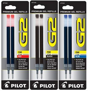 pilot g2 gel ink refill, 2-pack for rolling ball pens, fine, black, red, & blue