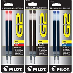 Pilot G2 Gel Ink Refill, 2-Pack for Rolling Ball Pens, Fine, Black, Red, & Blue