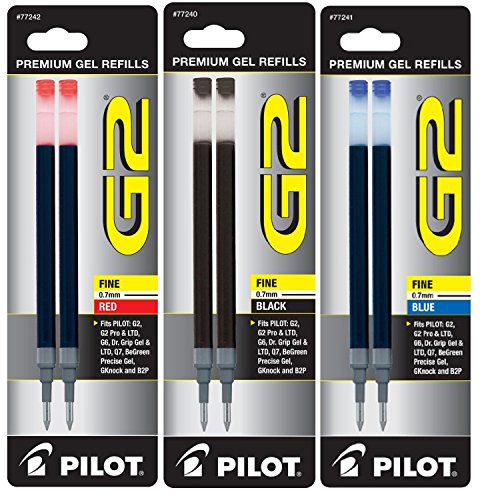 Pilot G2 Gel Ink Refill, 2-Pack for Rolling Ball Pens, Fine, Black, Red, & Blue