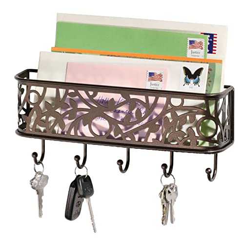 mDesign Wall Mount Metal Entryway Storage Organizer Mail Sorter Basket with 5 Hooks - Letter, Magazine, Coat, Leash and Key Holder for Entryway, Mudroom, Hallway, Kitchen, Office - Bronze