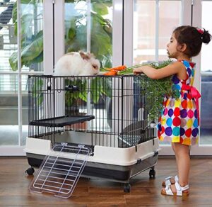 large 2-level indoor small animal pet cage for guinea pig ferret chinchilla cat playpen rabbit hutch with solid platform & ramp, leakproof litter tray, 2 large access doors lockable casters