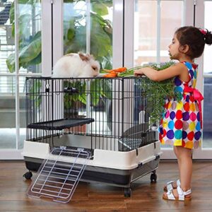 Large 2-Level Indoor Small Animal Pet Cage for Guinea Pig Ferret Chinchilla Cat Playpen Rabbit Hutch with Solid Platform & Ramp, Leakproof Litter Tray, 2 Large Access Doors Lockable Casters