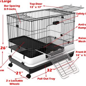 Large 2-Level Indoor Small Animal Pet Cage for Guinea Pig Ferret Chinchilla Cat Playpen Rabbit Hutch with Solid Platform & Ramp, Leakproof Litter Tray, 2 Large Access Doors Lockable Casters