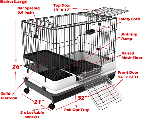 Large 2-Level Indoor Small Animal Pet Cage for Guinea Pig Ferret Chinchilla Cat Playpen Rabbit Hutch with Solid Platform & Ramp, Leakproof Litter Tray, 2 Large Access Doors Lockable Casters