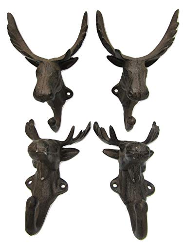 Coat Hat Hooks, 6.5" Cast Iron Moose Head Vintage Antique Style Hangers Set of 4