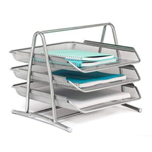 mindspace desk organizer paper tray with 3 tier desktop file organizer | office organizer & stacking file holder, document organization for desk | the mesh collection, silver