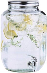 estilo glass drink dispenser 2 gallon, mason jar beverage dispenser, clear - leak free spigot and lid, strong glass for parties, weddings, and picnics