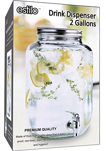 Estilo Glass Drink Dispenser 2 Gallon, Mason Jar Beverage Dispenser, Clear - Leak Free Spigot and Lid, Strong Glass for Parties, Weddings, and Picnics