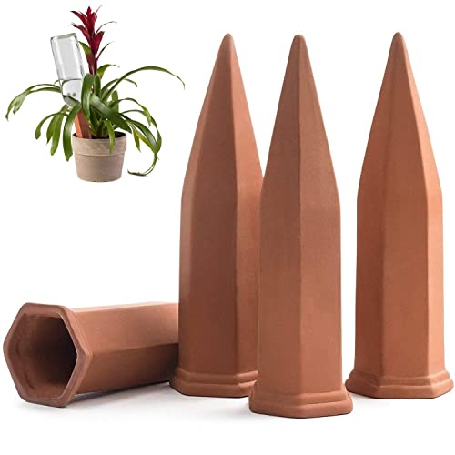 Modern Innovations Ceramic Terracotta Self Watering Spikes (4 Pack) Vacation Automatic Plant Waterer Devices, Indoor/Outdoor Planter Insert, Terra-Cotta Stakes for Potted Plants, Auto-Water System