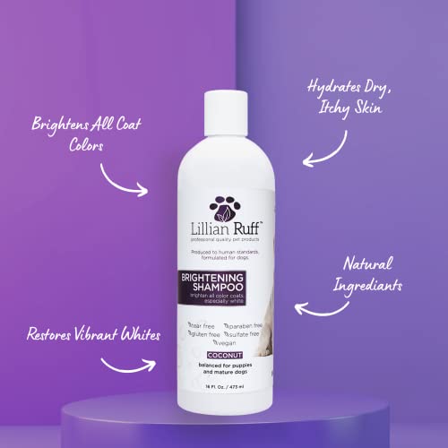 Lillian Ruff Ultra-Brightening Professional Whitening Shampoo for Dogs with Aloe & Coconut Oil for Dry Skin & Itch Relief - pH-Balanced Dog Whitening Shampoo Remove Stains, Yellowing, & Odor (16oz)