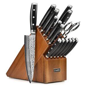 enso hd 16 piece knife set - made in japan - vg10 hammered damascus stainless steel with acacia block