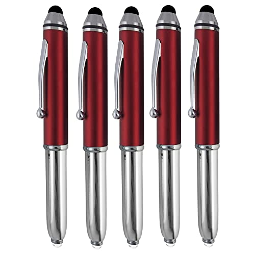 SyPen Stylus Pen for Touchscreen Devices, Tablets, iPads, iPhones, Multi-Function Capacitive Pen With LED Flashlight, Ballpoint Ink Pen, 3-In-1 Pen, 5PK, Red