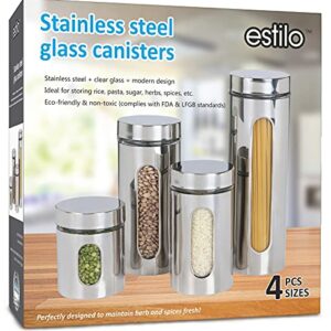 Estilo Stainless Steel Canister Sets for the Kitchen Counter - Silver Canister Set with Glass Windows - Multiple Sizes, Set of 4