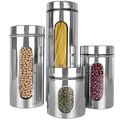 Estilo Stainless Steel Canister Sets for the Kitchen Counter - Silver Canister Set with Glass Windows - Multiple Sizes, Set of 4