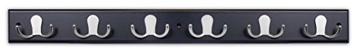 BIRDROCK HOME Dual Hook Coat Rack - 6 Dual Hooks - Wall Mounted Hat Key Rack Rail - Satin Nickel Hooks - Black Pine Bathroom Rail