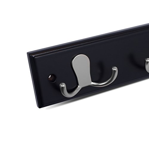 BIRDROCK HOME Dual Hook Coat Rack - 6 Dual Hooks - Wall Mounted Hat Key Rack Rail - Satin Nickel Hooks - Black Pine Bathroom Rail