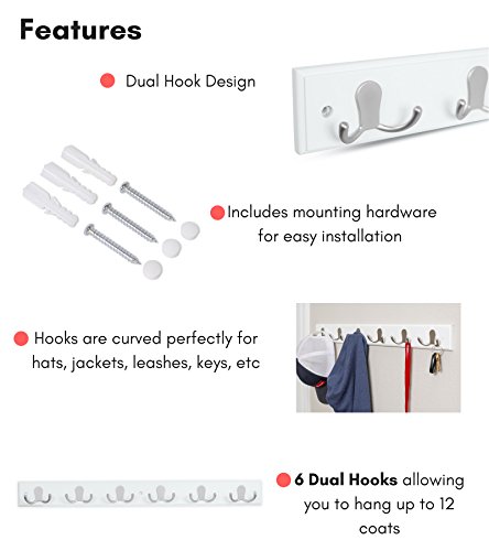 BIRDROCK HOME Dual Hook Coat and Hat Rack - 6 Dual Hooks - 27 Inches - Wall Mount - Decorative Home Storage - Entryway Foyer Hallway Bathroom Bedroom Rail - White Pine Finish - Satin Nickel Hooks