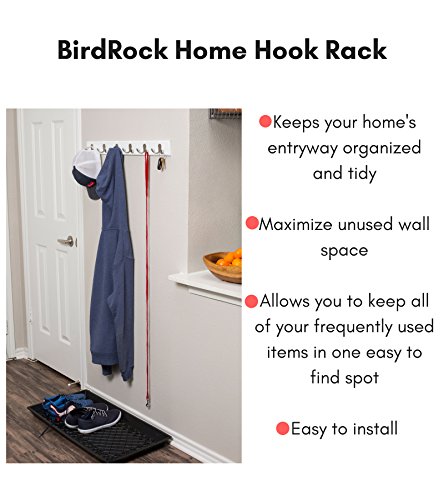 BIRDROCK HOME Dual Hook Coat and Hat Rack - 6 Dual Hooks - 27 Inches - Wall Mount - Decorative Home Storage - Entryway Foyer Hallway Bathroom Bedroom Rail - White Pine Finish - Satin Nickel Hooks