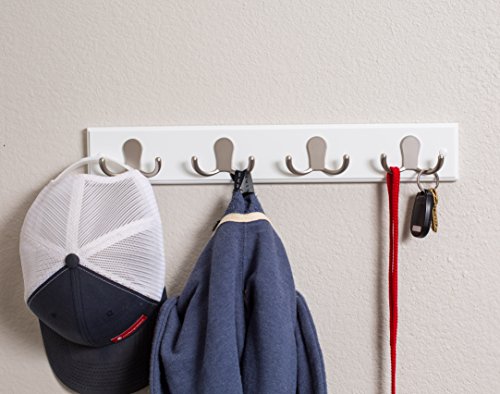 BirdRock Home Dual Hook Coat and Hat Rack - 4 Dual Hooks - 17 Inches - Wall Mount - Decorative Home Storage - Entryway Foyer Hallway Bathroom Bedroom Rail - Satin Nickel Hooks - White Pine Bathroom Ra