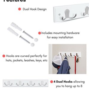 BirdRock Home Dual Hook Coat and Hat Rack - 4 Dual Hooks - 17 Inches - Wall Mount - Decorative Home Storage - Entryway Foyer Hallway Bathroom Bedroom Rail - Satin Nickel Hooks - White Pine Bathroom Ra