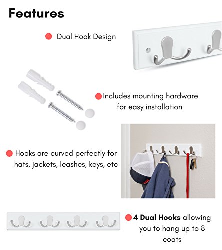 BirdRock Home Dual Hook Coat and Hat Rack - 4 Dual Hooks - 17 Inches - Wall Mount - Decorative Home Storage - Entryway Foyer Hallway Bathroom Bedroom Rail - Satin Nickel Hooks - White Pine Bathroom Ra