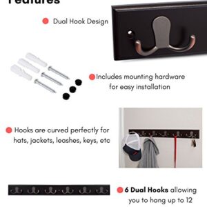 BIRDROCK HOME Dual Hook Coat and Hat Rack - 6 Dual Hooks - 27 Inches - Wall Mount - Decorative Home Storage - Entryway Foyer Hallway Bathroom Bedroom Rail - Oil Rubbed Bronze Hooks - Dark Brown Pine