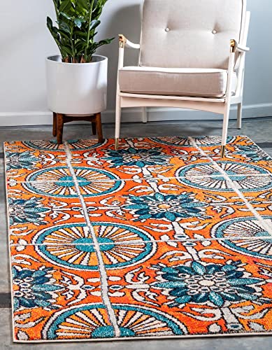 Unique Loom Estrella Collection Floral, Geometric, Vibrant, Modern, Abstract Area Rug (3' 3 x 5' 3 Rectangular, Orange/Blue)