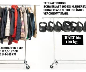 Tatkraft Drogo Heavy Duty Clothes Rack on Wheels, 220lb Load, Adjustable Garment Rack Length 4-6ft, Height 4,7-5,5ft, Easy to Assemble, Chromed Steel